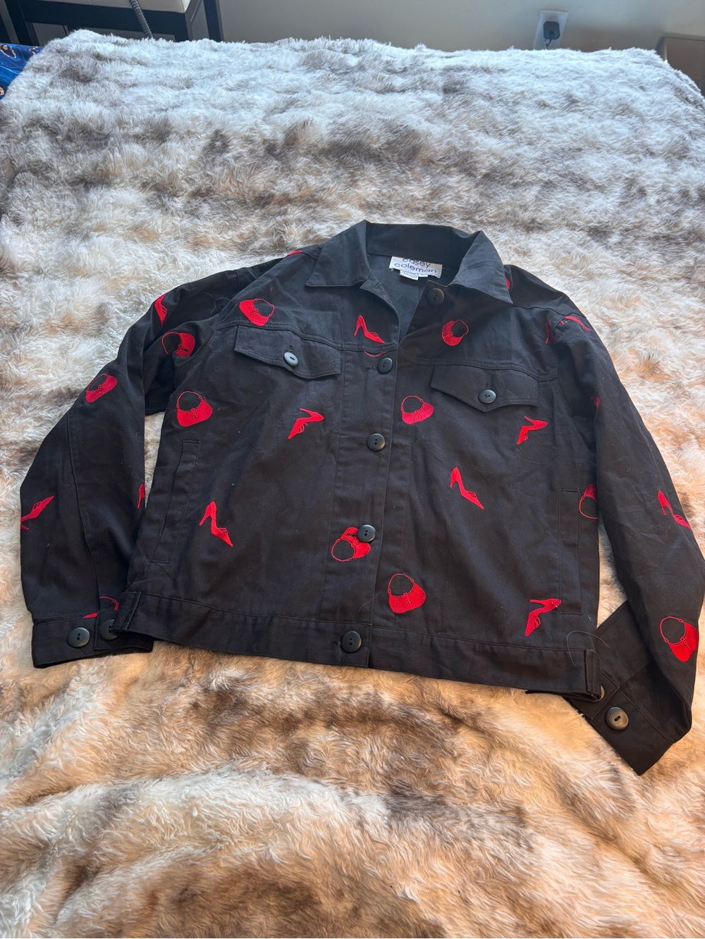Vintage 90’s Casey Coleman Womens Black Jacket with Red Embroidered Motifs